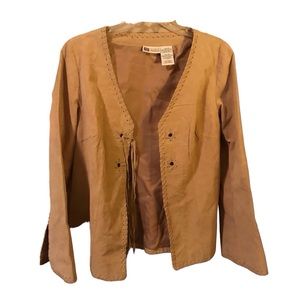 Faded Glory Tan Leather Boho Fringe Tie Closure Vintage Leather Jacket